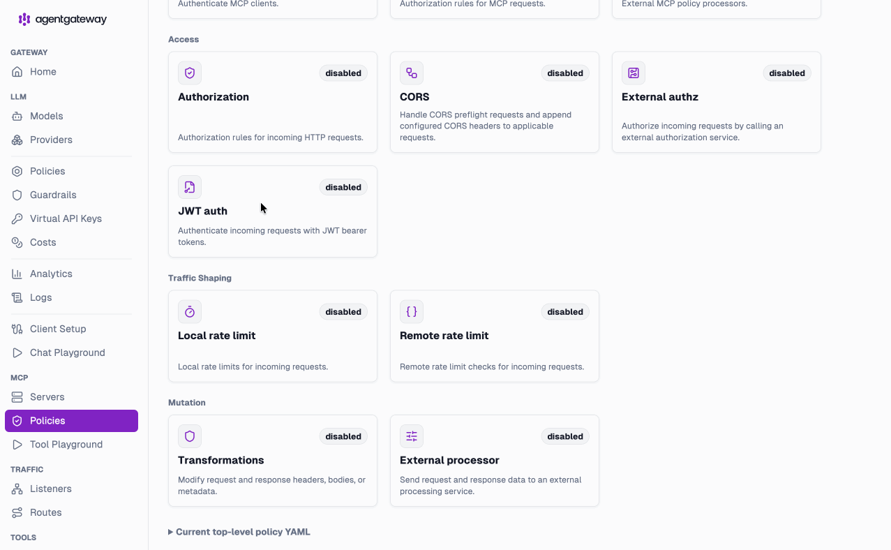 agentgateway v1.3.0 MCP policies page showing access, traffic-shaping, and mutation policy cards